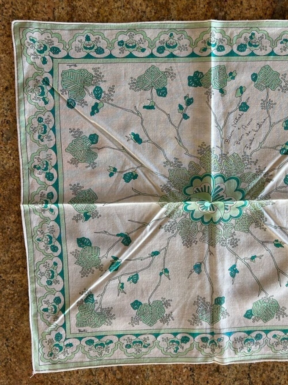Vintage Emilio Pucci Cotton Pocket Square w/ Buon Natale e Buon Anno.
